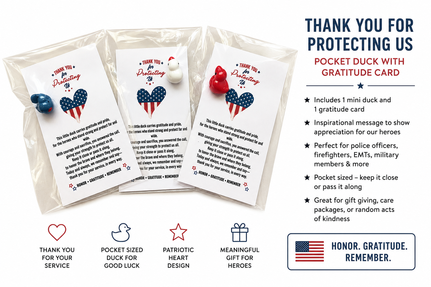 Thank You for Protecting Us Pocket Duck Gift – Mini Patriotic Duck with Gratitude Card for First Responders & Heroes (Set of 5)